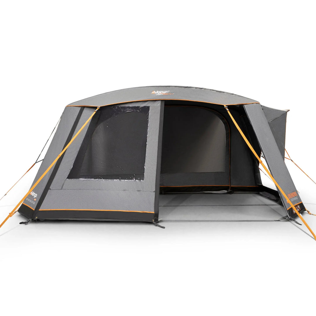 Front view of the Vango Edition 60 Sherwood Air Tent with half the front door open showing the porch interior.