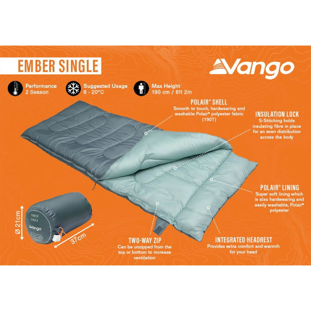 Vango Ember Single Sleeping Bag (Mineral Green) features.