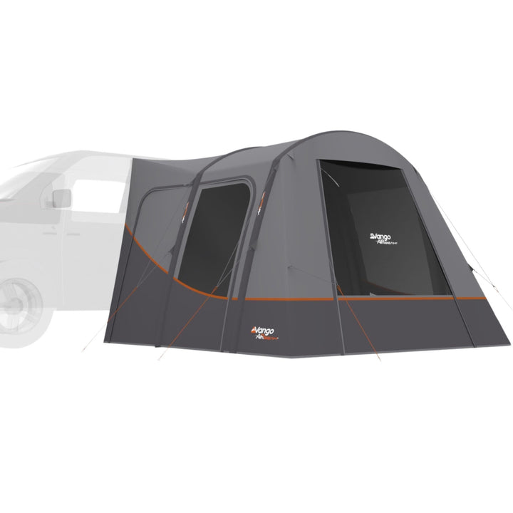 Vango Faros III Air Low Campervan Awning attached to a VW campervan, showcasing an inflatable drive-away awning design and providing extra living space for holidays in your campervan.