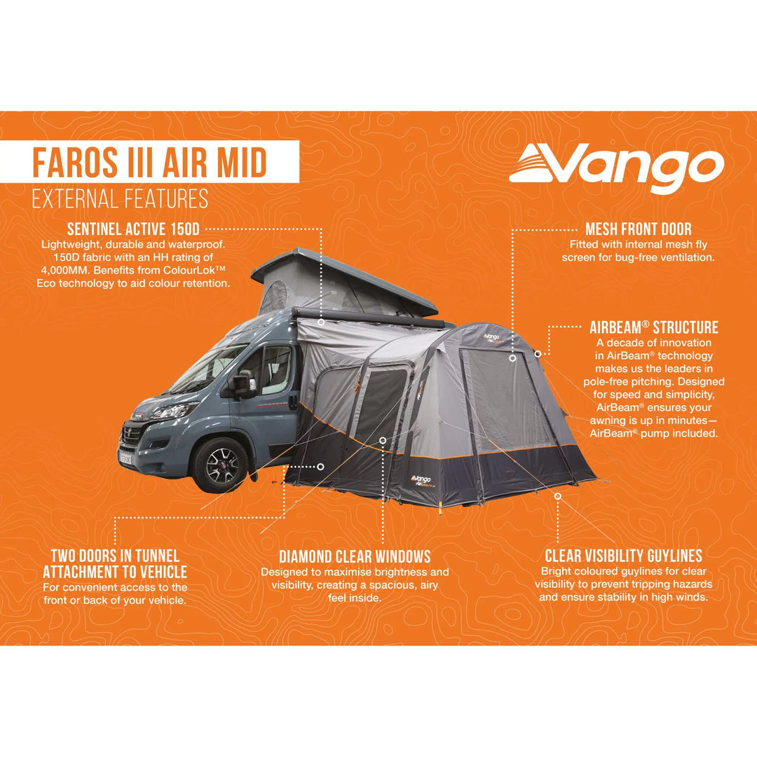 Promotional infographic for the Vango Faros III Air Mid External Features, showing a dark gray and black pop-up canopy tent attached to a dark gray van on an orange background with white text and feature callouts.