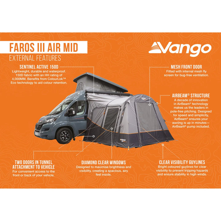 Promotional infographic for the Vango Faros III Air Mid External Features, showing a dark gray and black pop-up canopy tent attached to a dark gray van on an orange background with white text and feature callouts.