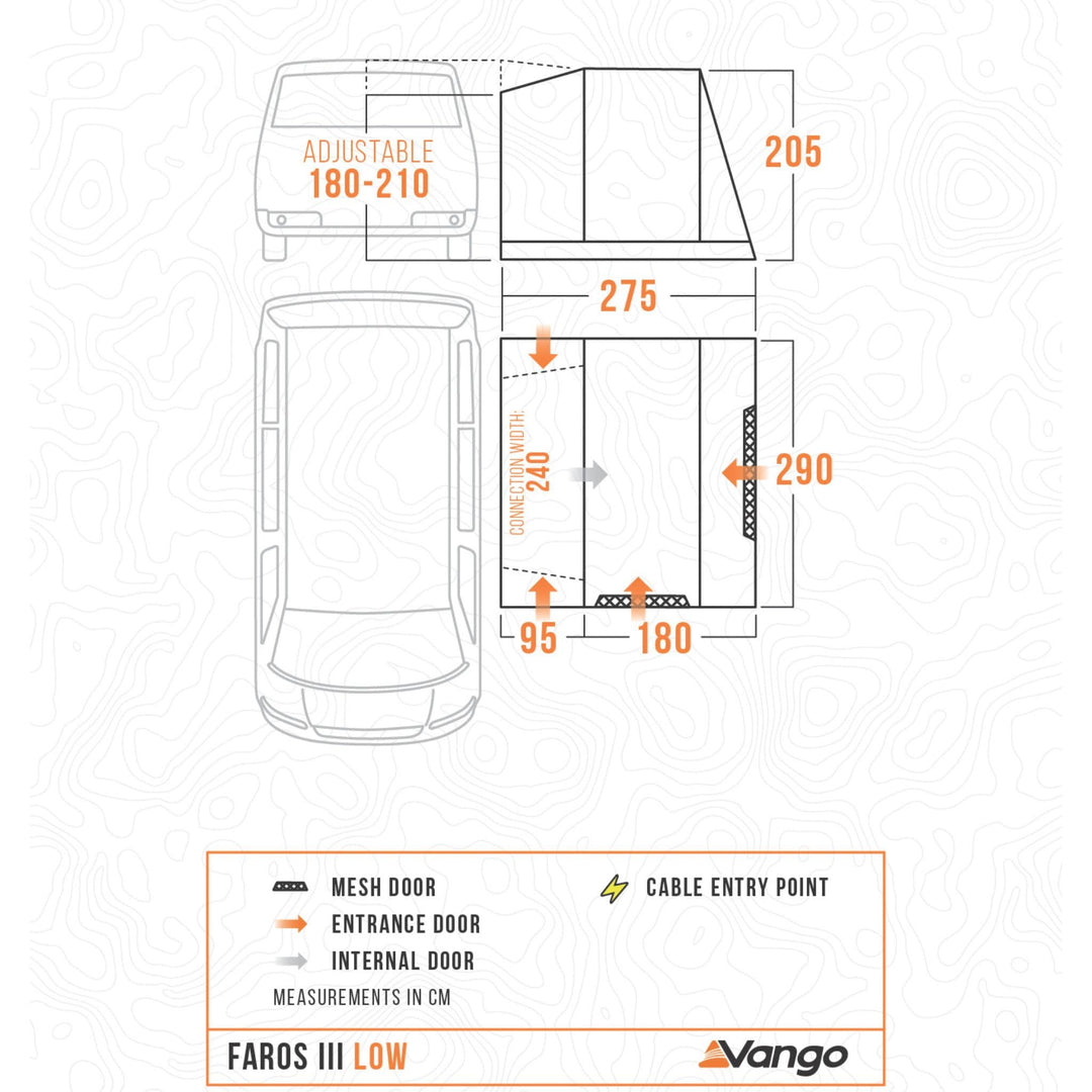 Floorplan and dimensions of the Vango Faros III Low Drive Away Awning, designed for easy attachment to campervans like VW models.