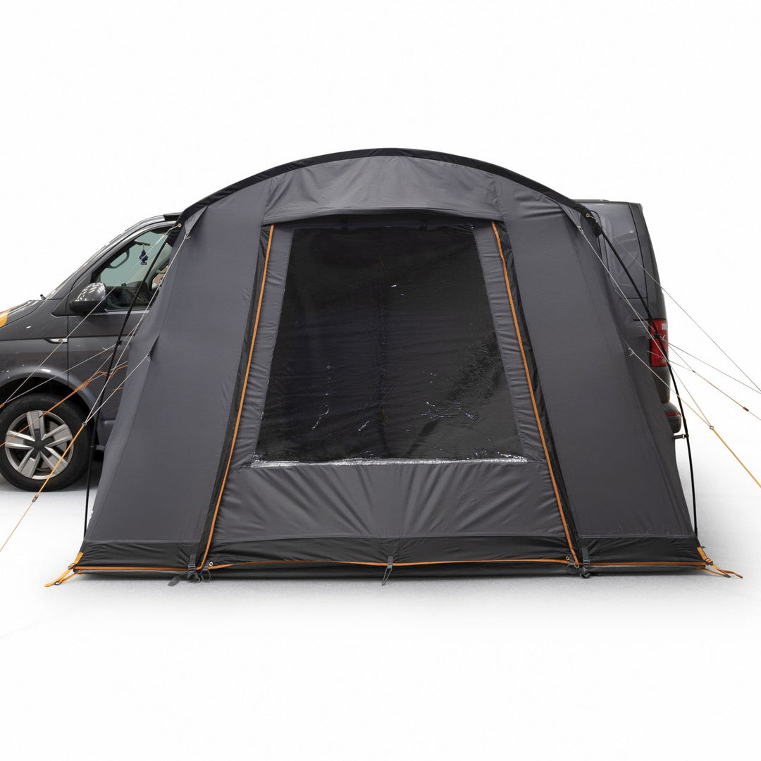 Front view of the Vango Faros III Low Drive Away Awning with the window fully open, offering ventilation and unobstructed views when attached to a campervan.