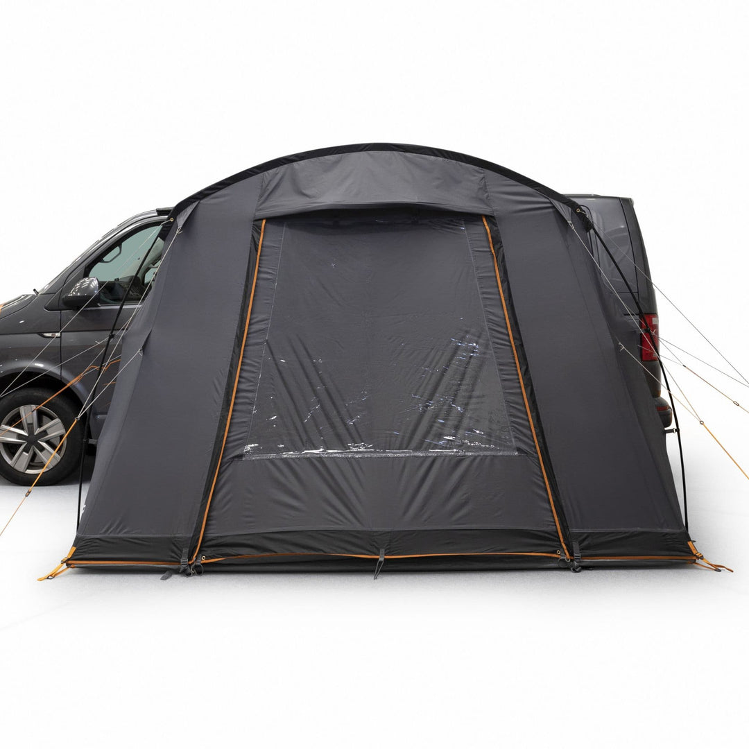 Front view of the Vango Faros III Low Drive Away Awning showing the curtain up for privacy.