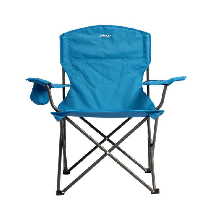 A front view of the Vango Fiesta Chair, a lightweight camping chair with armrests and a cup holder, perfect for camping trips or picnics.