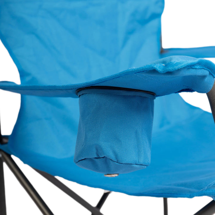 Close-up of the Vango Fiesta Chair's cup holder on the armrest, emphasizing its convenience as a practical folding camping chair.