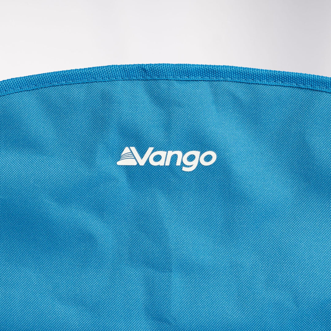 Close-up of the Vango branding on the Vango Fiesta Chair - Cobalt fabric, part of the Vango Camping Furniture range.