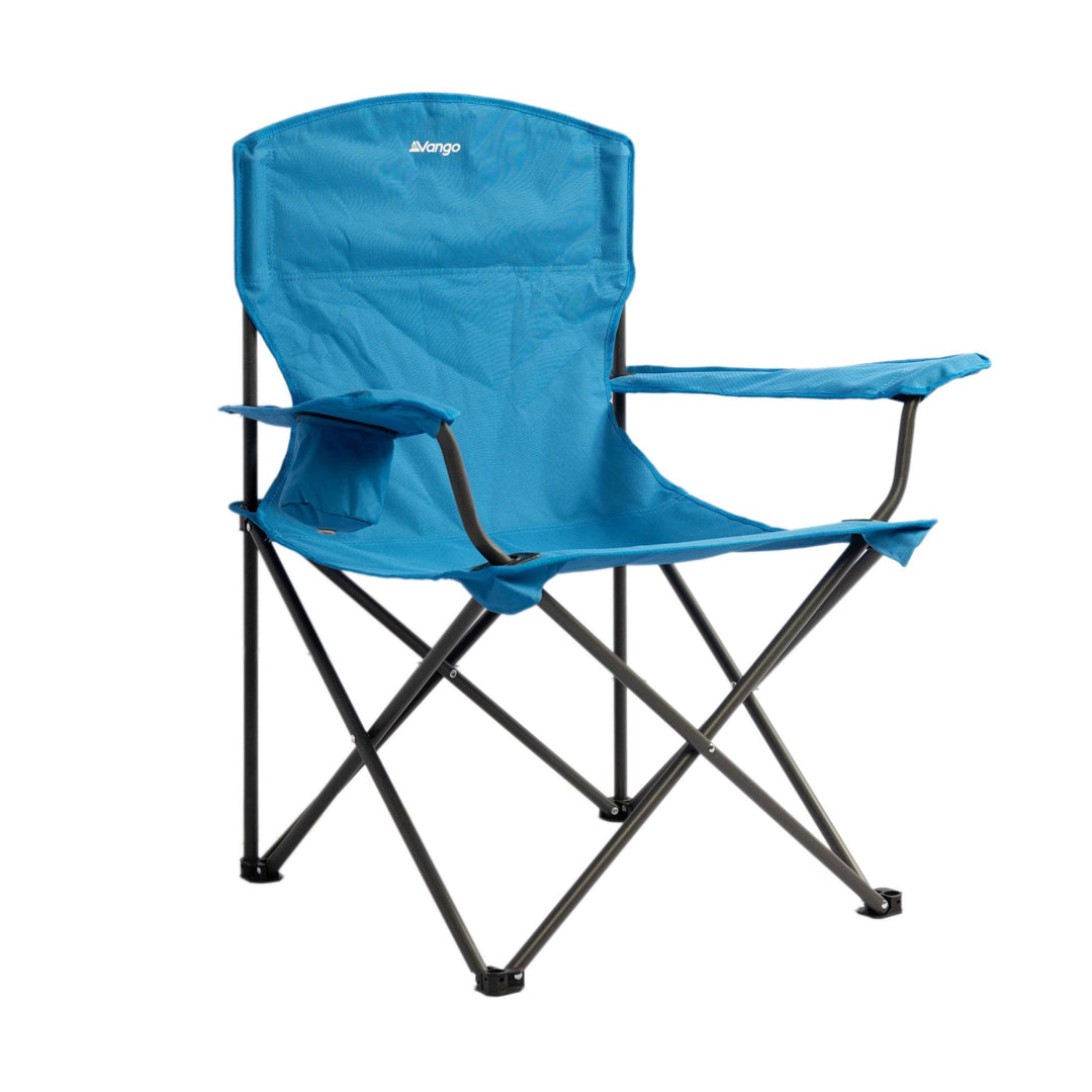 Front-angle view of the Vango Fiesta Chair - Cobalt, showcasing its sturdy frame and durable fabric, ideal as a folding camping chair for outdoor use.