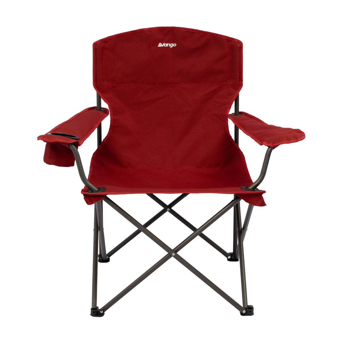 Front view of the Vango Fiesta Chair Dark Autumn, showing its sturdy steel frame and armrest cup holder.