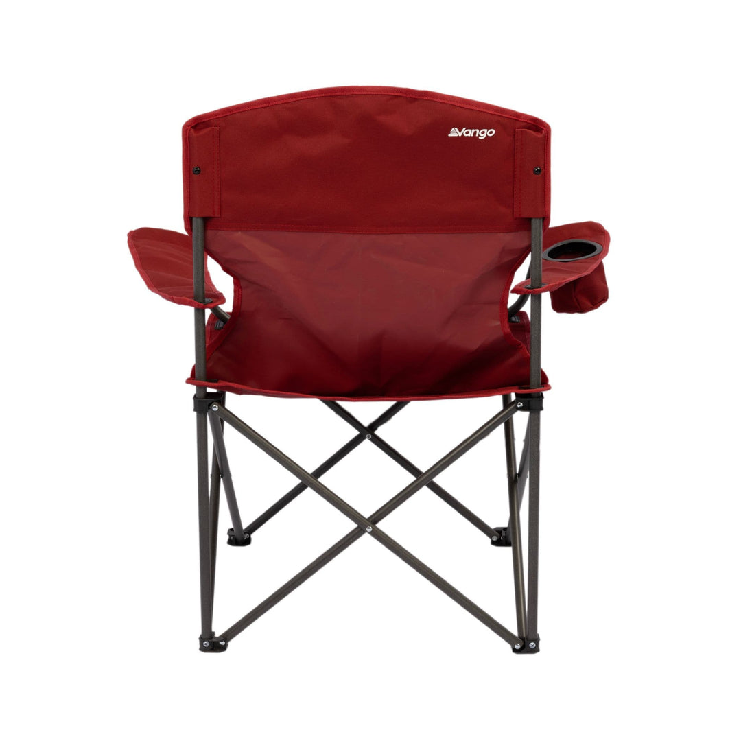 Rear view of the Vango Fiesta Chair, highlighting its durable fabric backrest and foldable steel frame construction.