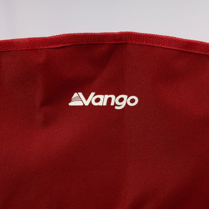 Close-up of the Vango Fiesta Chair logo printed on the Dark Autumn fabric, representing durable Vango camping furniture.