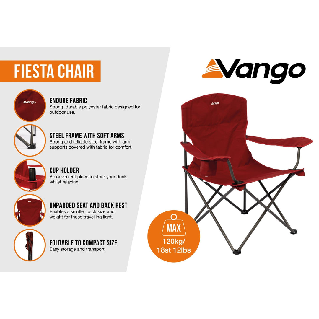 Infographic of the Vango Fiesta Chair - Dark Autumn, featuring product highlights like the foldable design, cup holder, and durable steel frame for lightweight camping