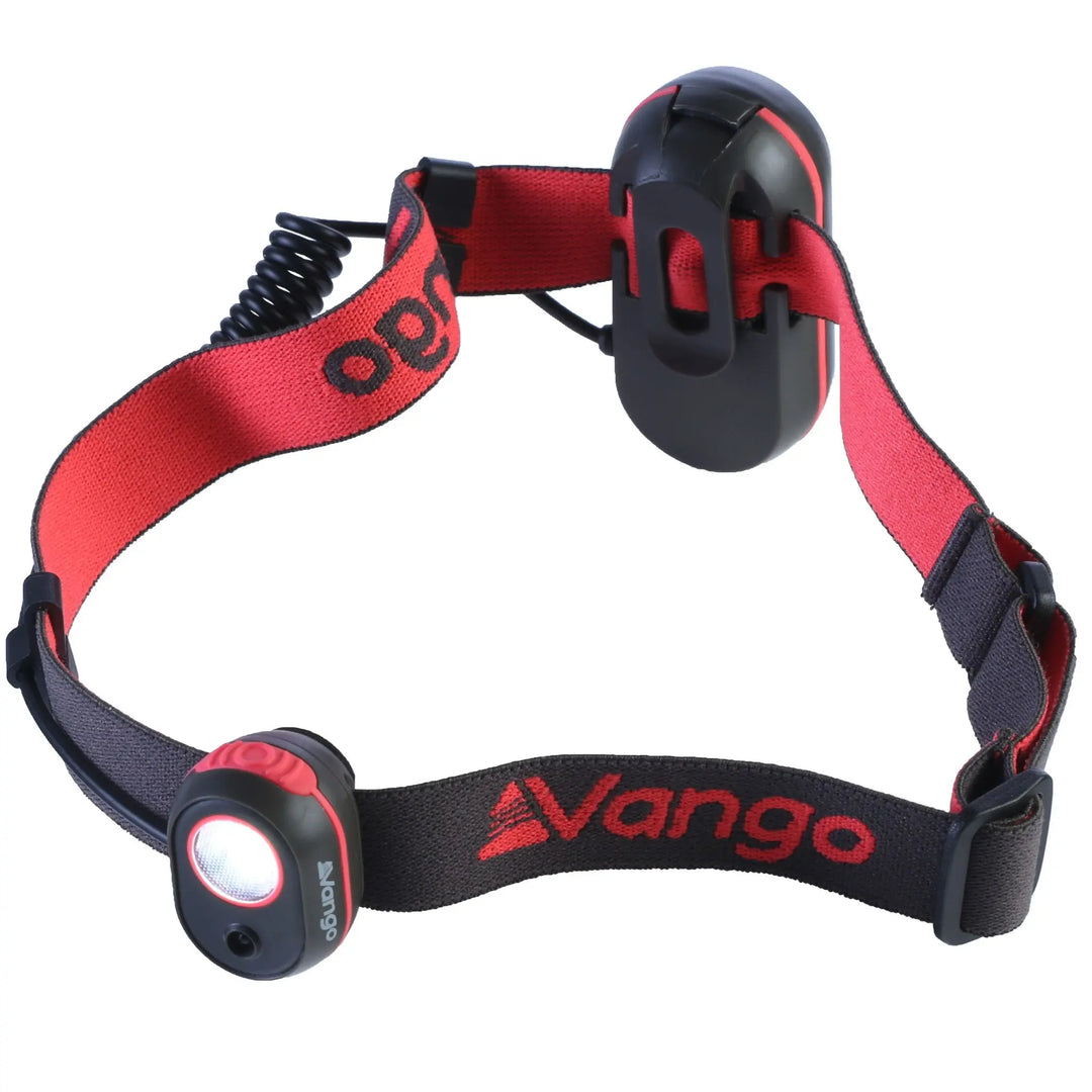 Vango Flux Headtorch with a red and black adjustable strap, designed for hands-free camping illumination. The torch features a compact, lightweight design for outdoor activities.