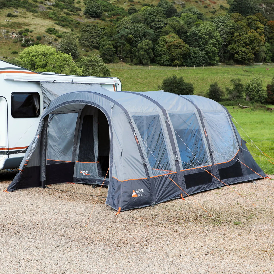 Vango Galli CC II Air Tall Drive Away Awning pitched next to a motorhome.