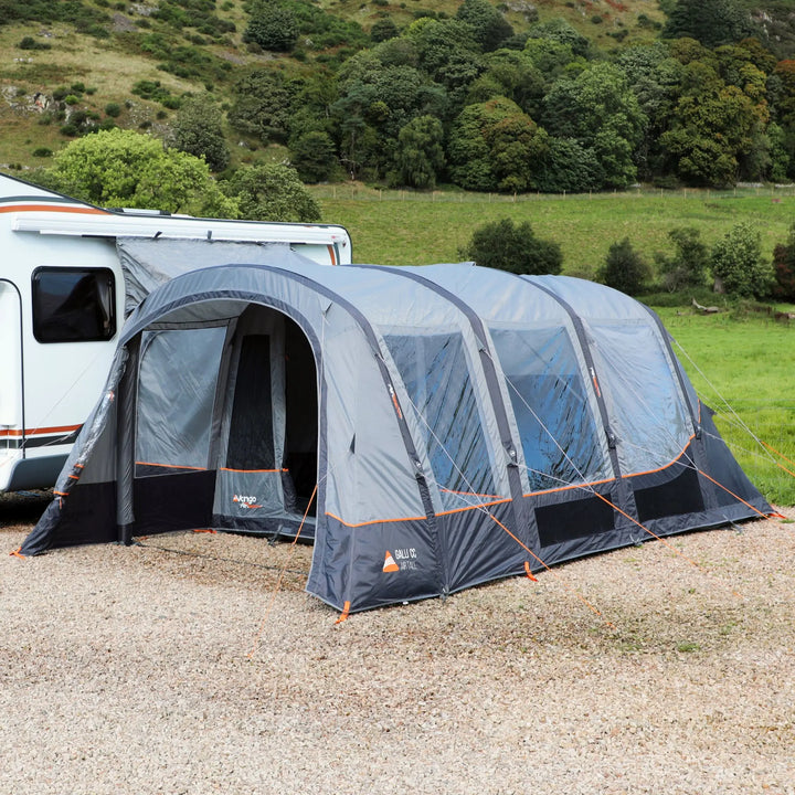 Vango Galli CC II Air Tall Drive Away Awning pitched next to a motorhome.