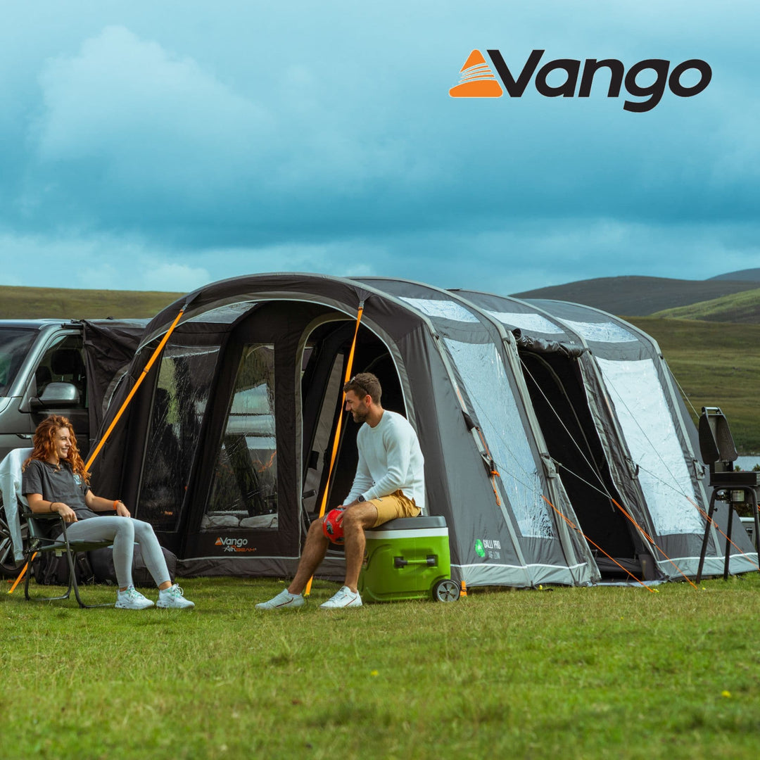 Vango Galli Pro Air Low Drive Away Awning Pitched with people outside