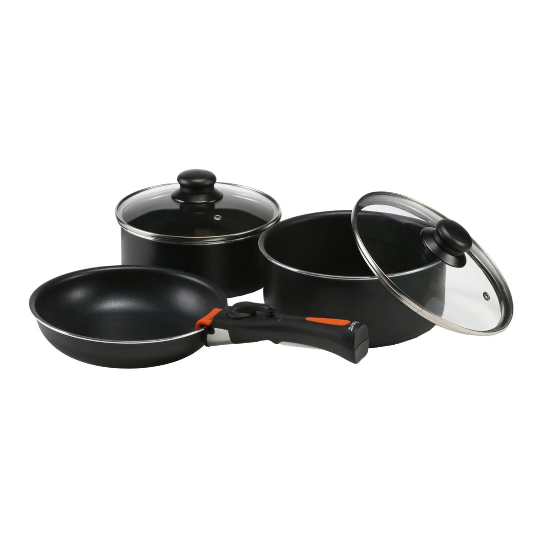 Vango Gourmet Cook Set featuring two pots with glass lids, a frying pan, and a detachable handle, ideal for camping and campervanning.