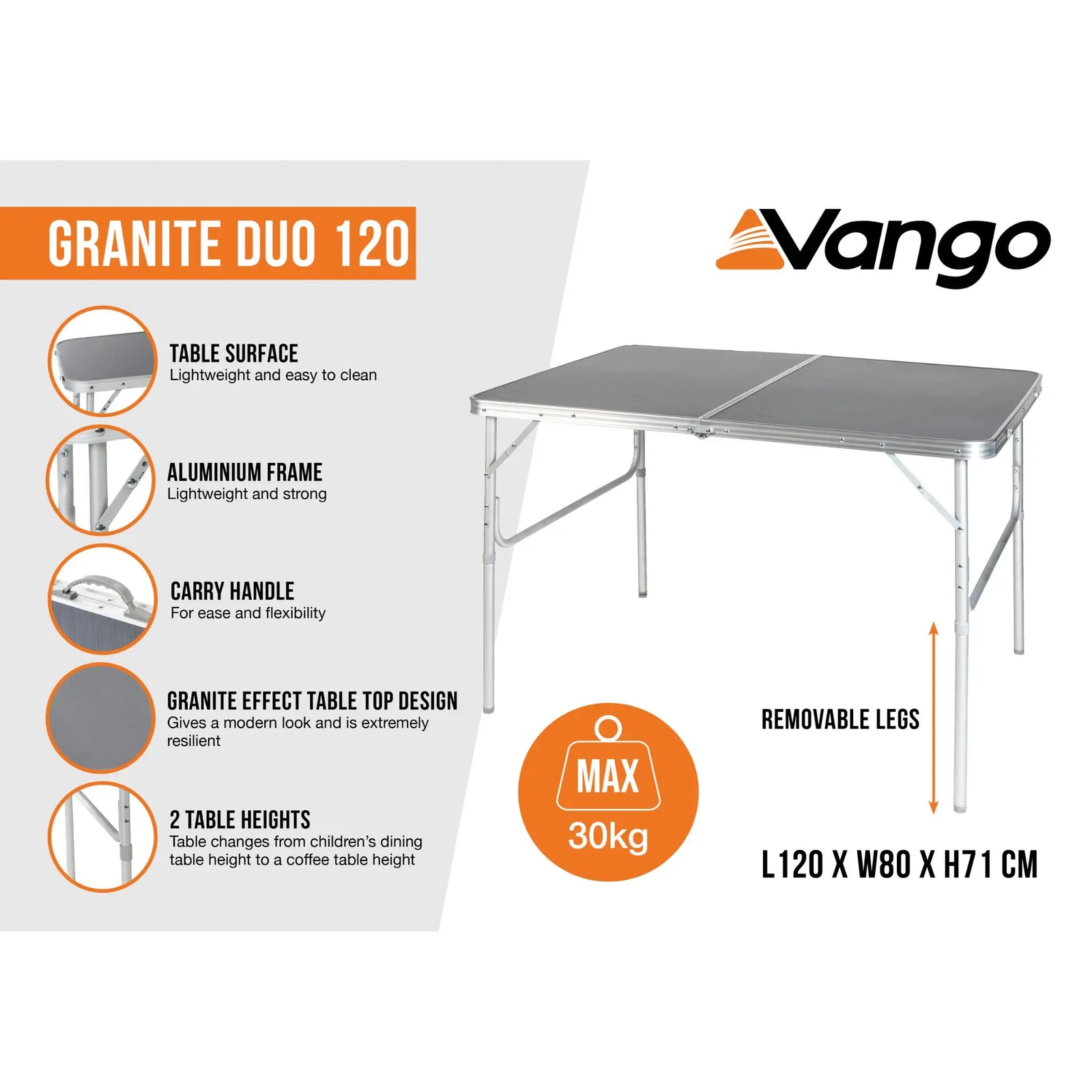 Vango Granite Duo 120 camping table infographic with features and specifications.