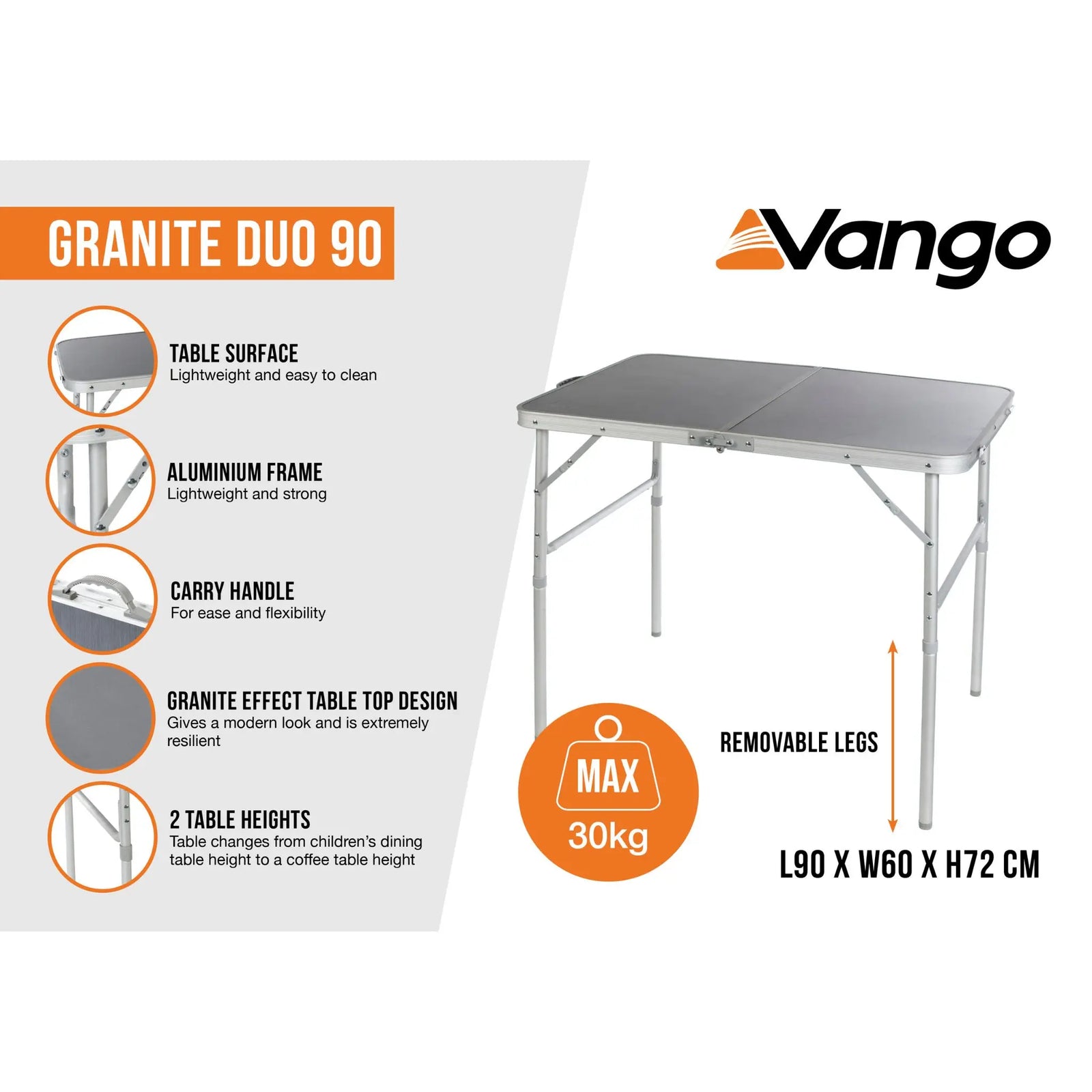 Vango Granite Duo 120 camping table  infographic with features and specifications.