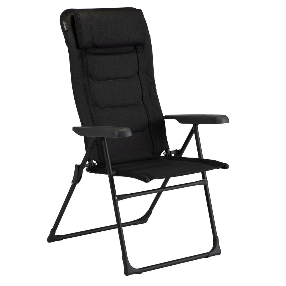 Vango Hampton DLX reclining chair, black finish, angled side view featuring ergonomic design and foldable frame.