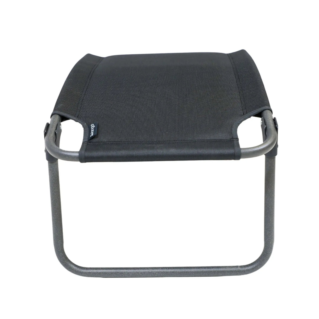 Front view of the Vango Hampton Padded Footstool with a black padded surface and steel frame.