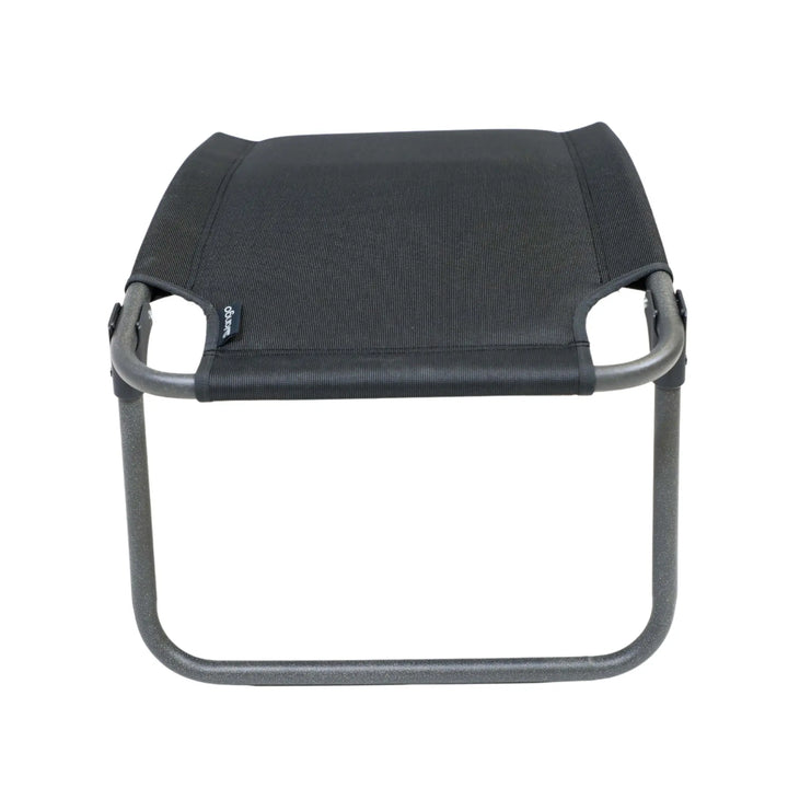 Front view of the Vango Hampton Padded Footstool with a black padded surface and steel frame.