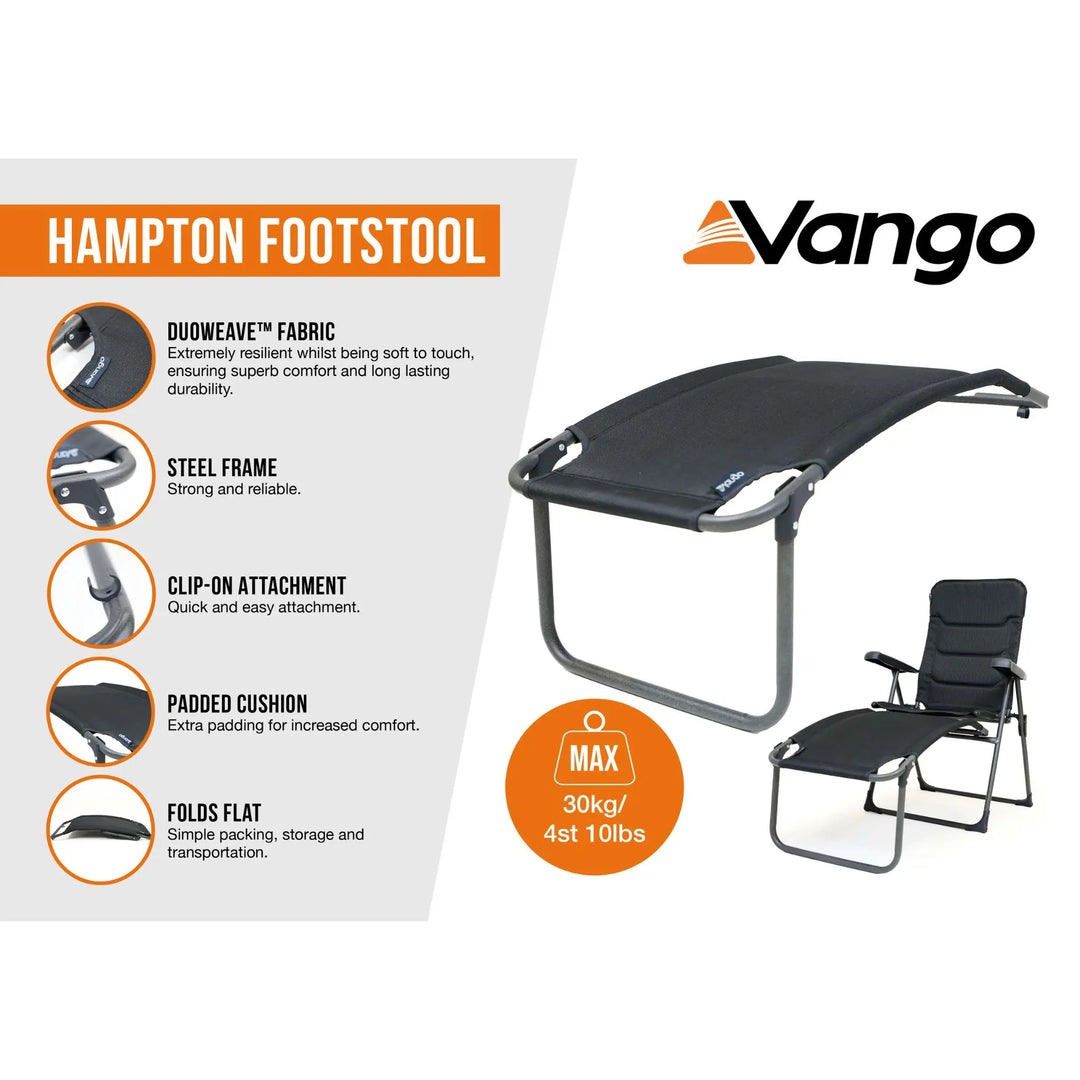 Vango Hampton Padded Footstool features infographic with feature highlights, including steel frame, padded cushion, and fold-flat design.