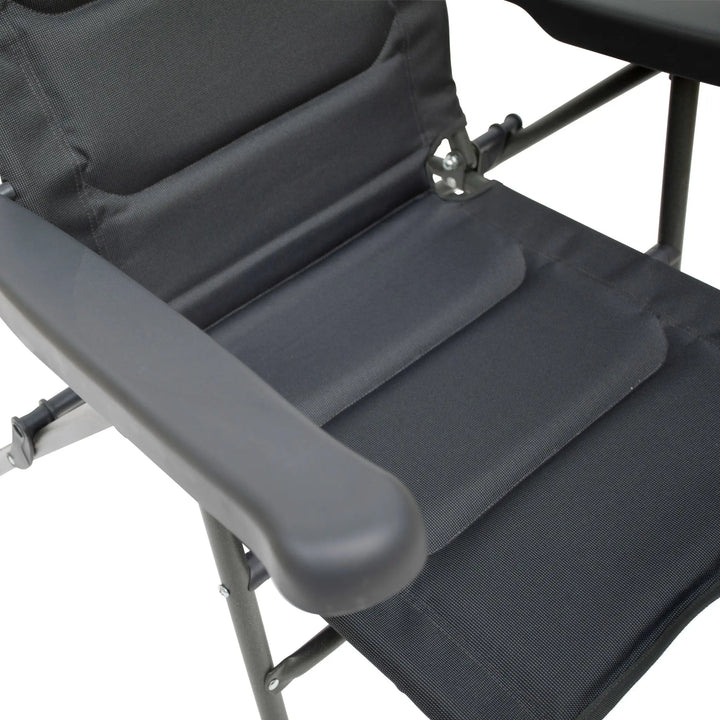 Close-up of the armrest and seat padding of the Vango Hampton Tall Reclining Camping Chair.