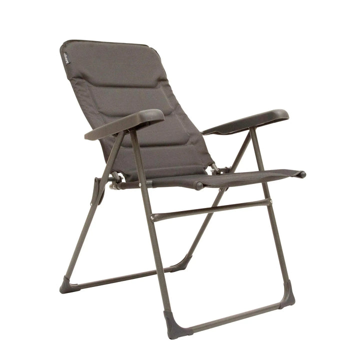 Reclined position of the Vango Hampton Tall Reclining Camping Chair, showing its multiple adjustment levels.