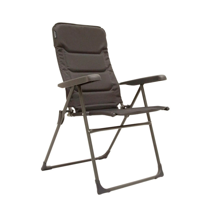 Slightly angled side view of the Vango Hampton Tall Reclining Camping Chair with its sturdy frame and comfortable padding.