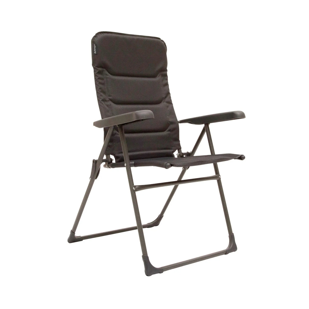 Vango Hampton Tall Reclining Camping Chair in a standing position, angled view.