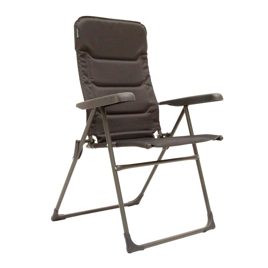 Vango Hampton Tall Reclining Camping Chair in black with a padded high backrest and sturdy metal frame.