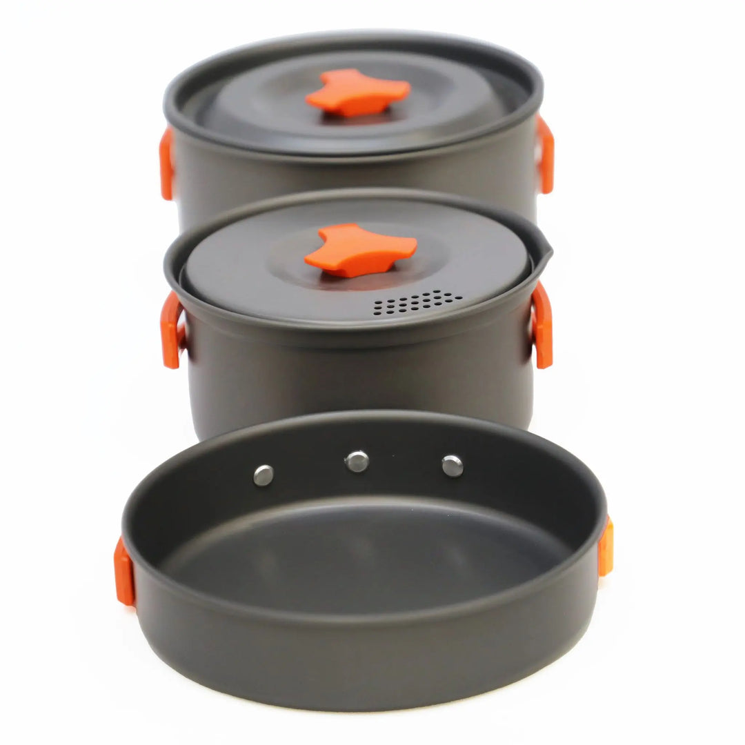 Vango Hard Anodised Cook Kit for 2 people, including pots with lids and a frying pan, perfect for camping or campervanning trips.