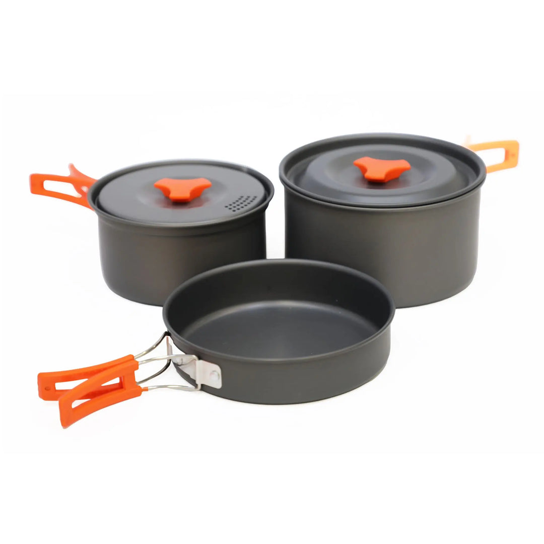 Vango Hard Anodised 2 Person Cook Kit featuring lightweight pots and a frying pan with orange handles, ideal for camping and campervanning.