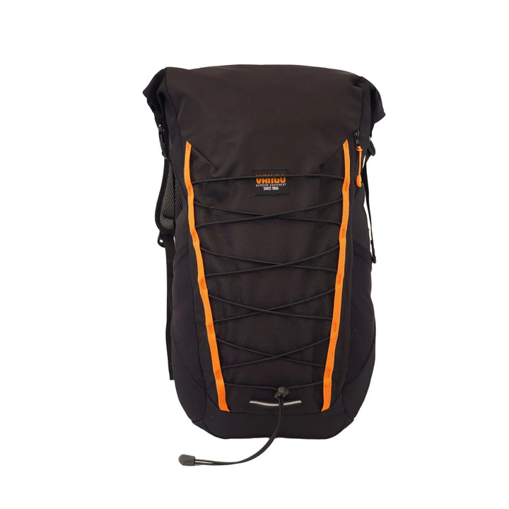 Front view of the Vango Hex Rolltop 25L backpack with bold orange trim and bungee cord for additional storage, designed for outdoor activities and travel.