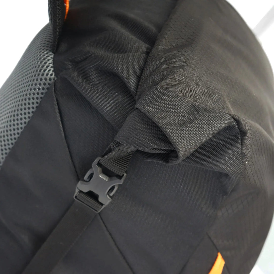 Close-up of the rolltop opening and sturdy fabric of the Vango Hex Rolltop 25L hiking backpack.