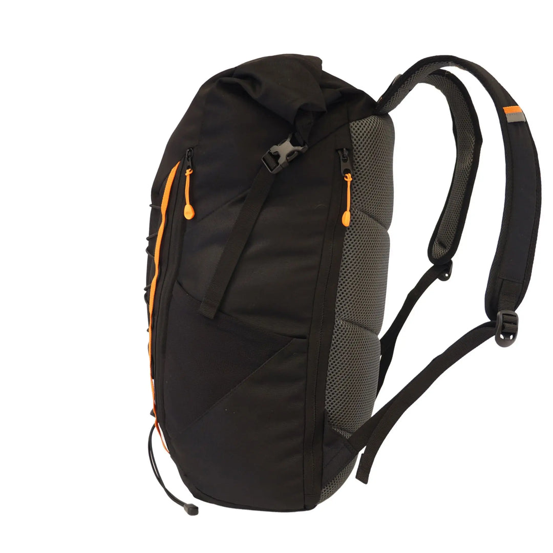 Side angle of the Vango Hex Rolltop 25L rucksack, highlighting padded shoulder straps and AirMesh Back System for comfort during extended wear.