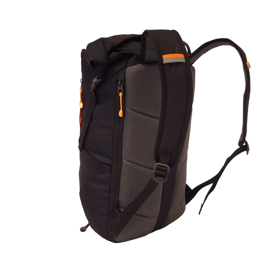 Side angle of the Vango Hex Rolltop 25L rucksack showing spacious compartments and rolltop closure for secure storage, suitable for hiking or commuting.