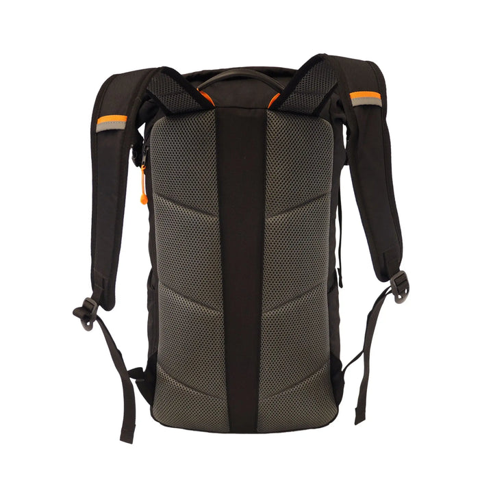 Rear view of the Vango Hex Rolltop 25L backpack, featuring AirMesh Back System and adjustable straps for support and fit.