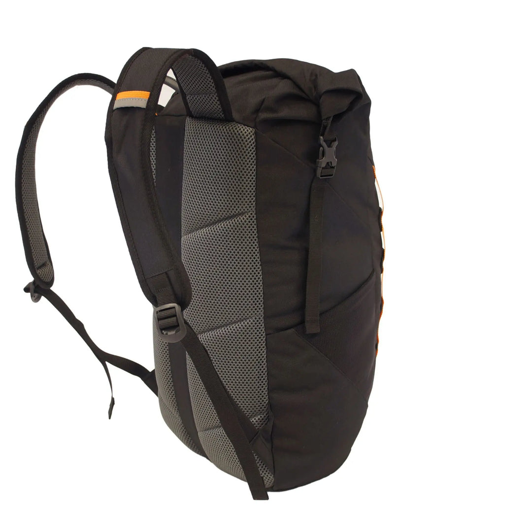 Side angle of the Vango Hex Rolltop 25L rucksack showing spacious compartments and rolltop closure for secure storage, suitable for hiking or commuting.