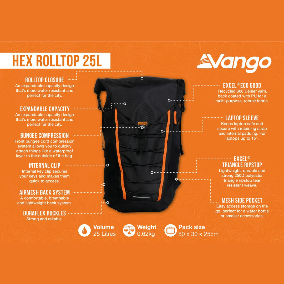 Feature infographic for the Vango Hex Rolltop 25L backpack, detailing specifications like expandable capacity, laptop sleeve, and lightweight design.