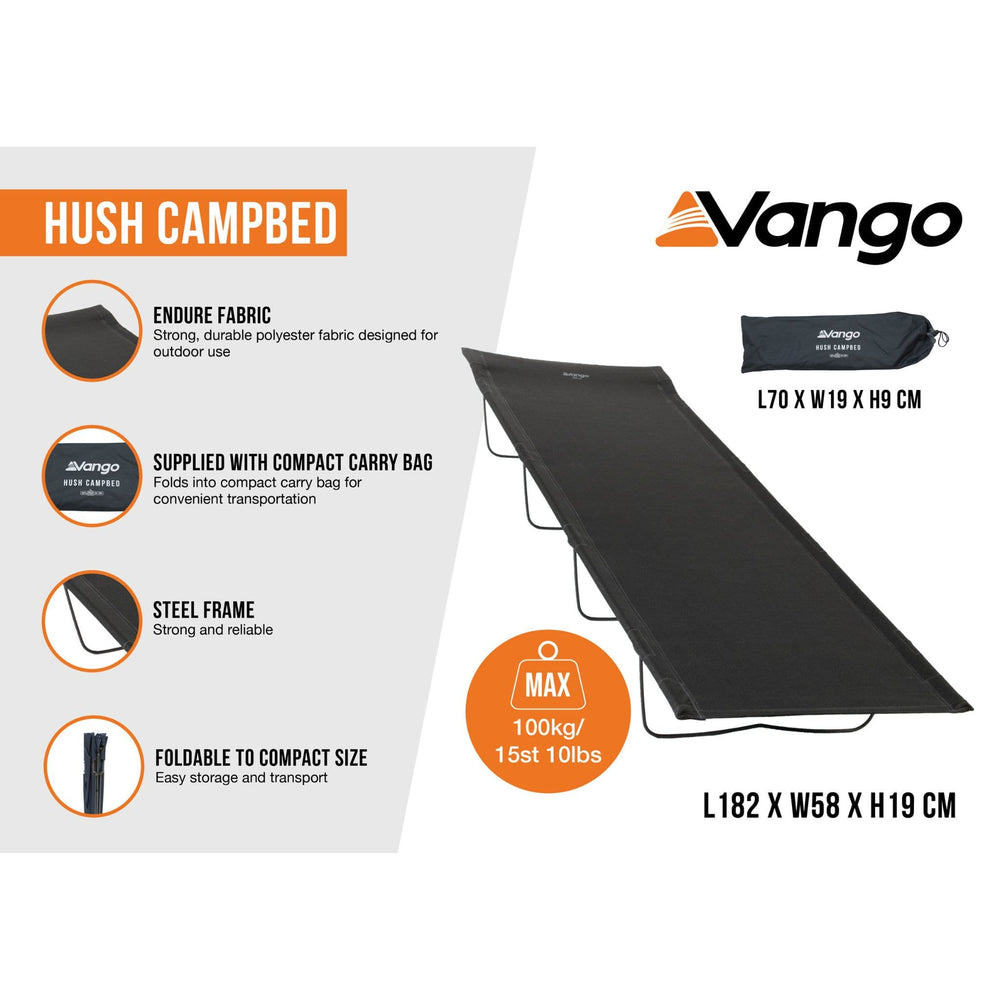 Features infographic of the Vango Hush Camp Bed showcasing durable polyester fabric, compact carry bag, and folding steel frame for portability, labelled with dimensions and weight capacity.