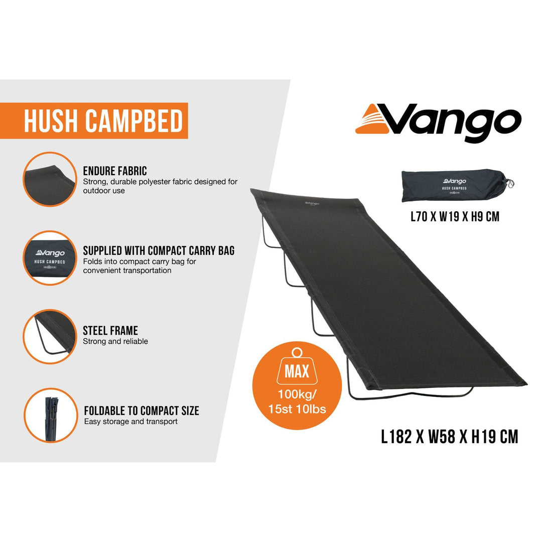 Features infographic of the Vango Hush Camp Bed showcasing durable polyester fabric, compact carry bag, and folding steel frame for portability, labelled with dimensions and weight capacity.