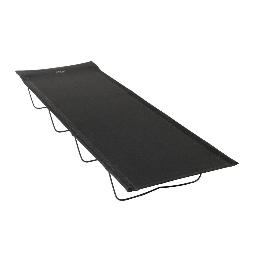 Vango Hush camp bed is a lightweight portable camp bed with a durable black fabric surface, supported by a sturdy folding steel frame for outdoor camping.