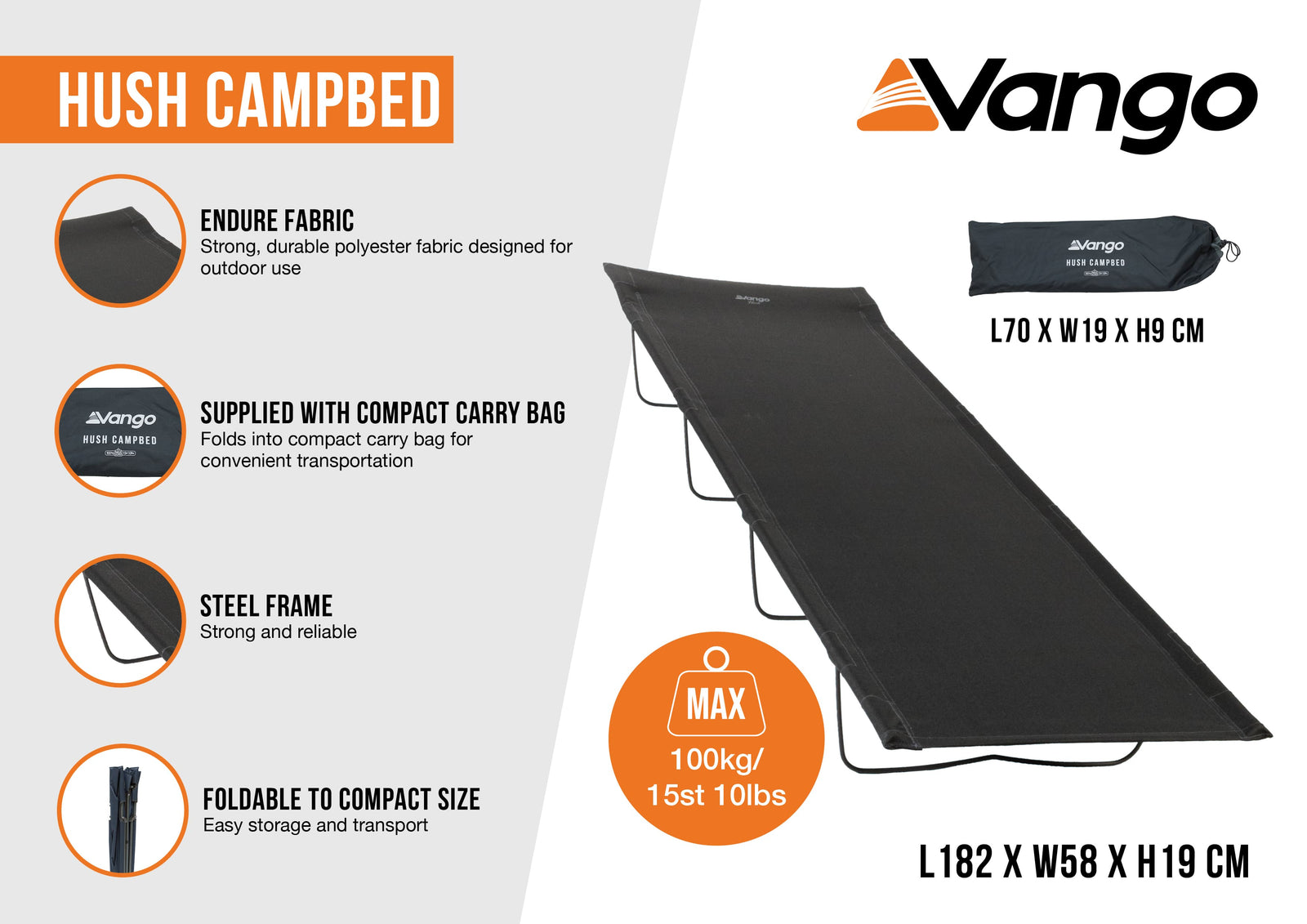 Detailed product infographic of the Vango Hush Camp Bed with icons highlighting its folding capability, lightweight design, and durable frame, suitable for camping and outdoor use.