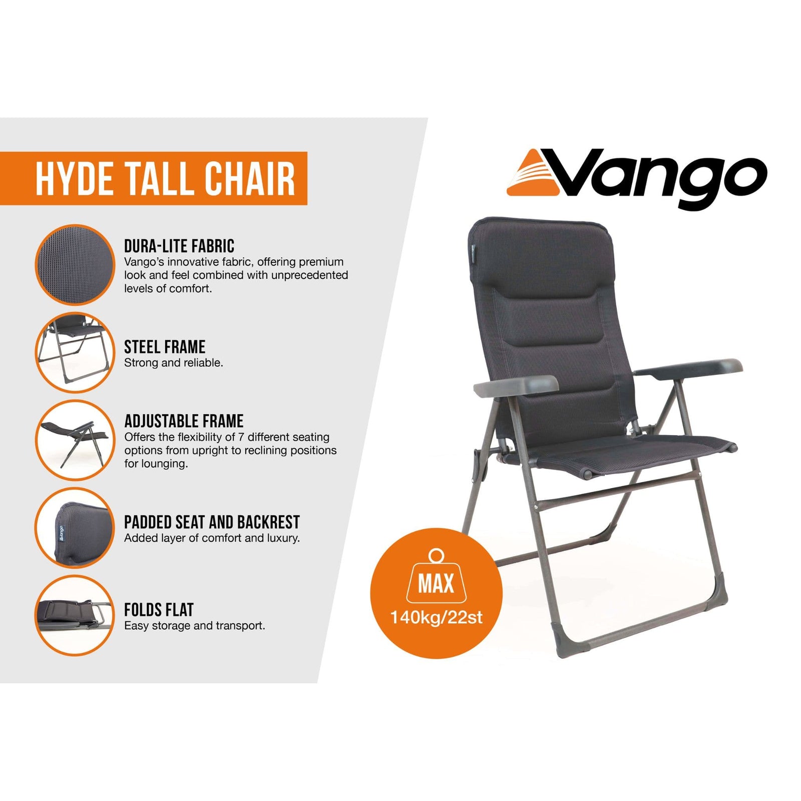 Vango Hyde Tall Reclining Camping Chair features infographic.