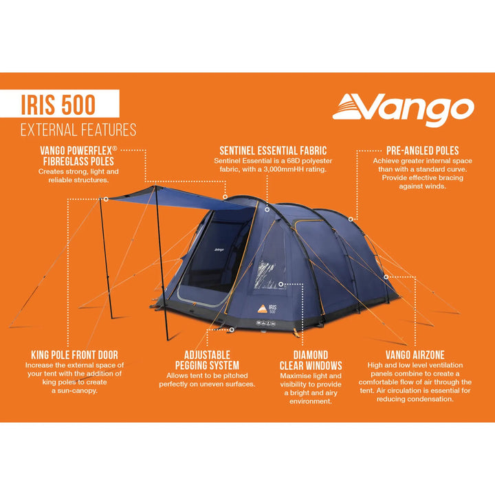 Vango Iris 500 tent with external features listed on an orange background