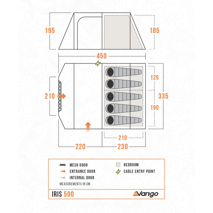 Technical drawing of a Vango Iris 600 tent with dimensions and feature labels.