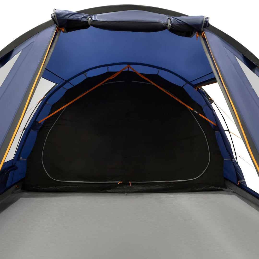 Open Vango Iris 500 Tent with blue interior and visible structure