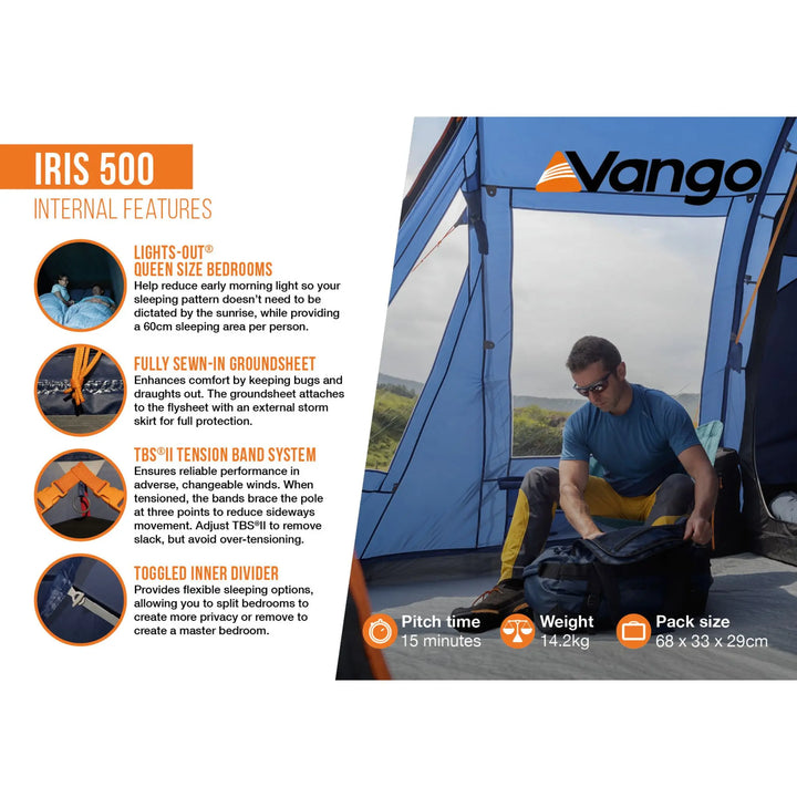 Vango Iris 500 tent with internal features listed on the left side